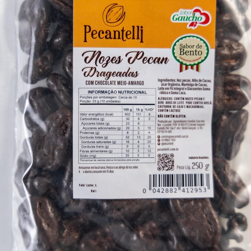 DRAGEAS DE NOZES COM CHOCOLATE MEIO AMARGO 66% CACAU 250G
