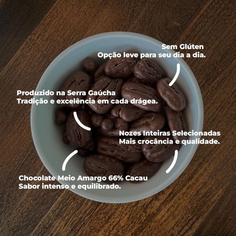 DRAGEAS DE NOZES COM CHOCOLATE MEIO AMARGO 66% CACAU 250G