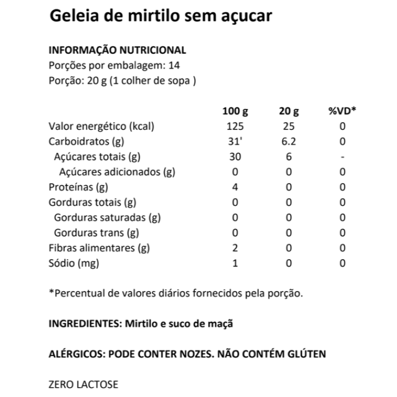 GELEIA DE MIRTILO SEM AÇÚCAR 220G