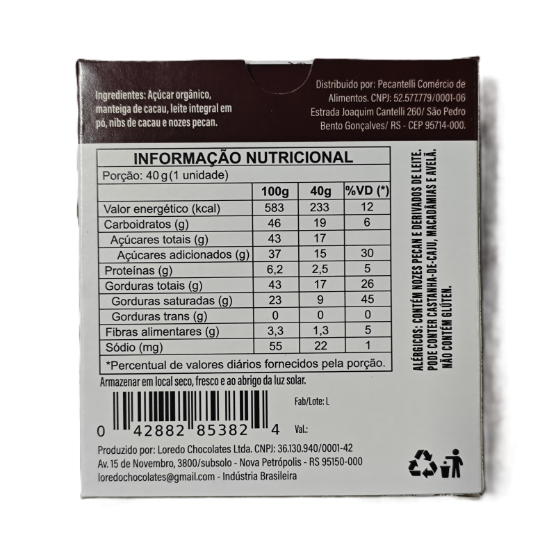 TABLETE DE CHOCOLATE BEAN-TO-BAR AO LEITE 42% CACAU NOZES INTEIRAS 40g