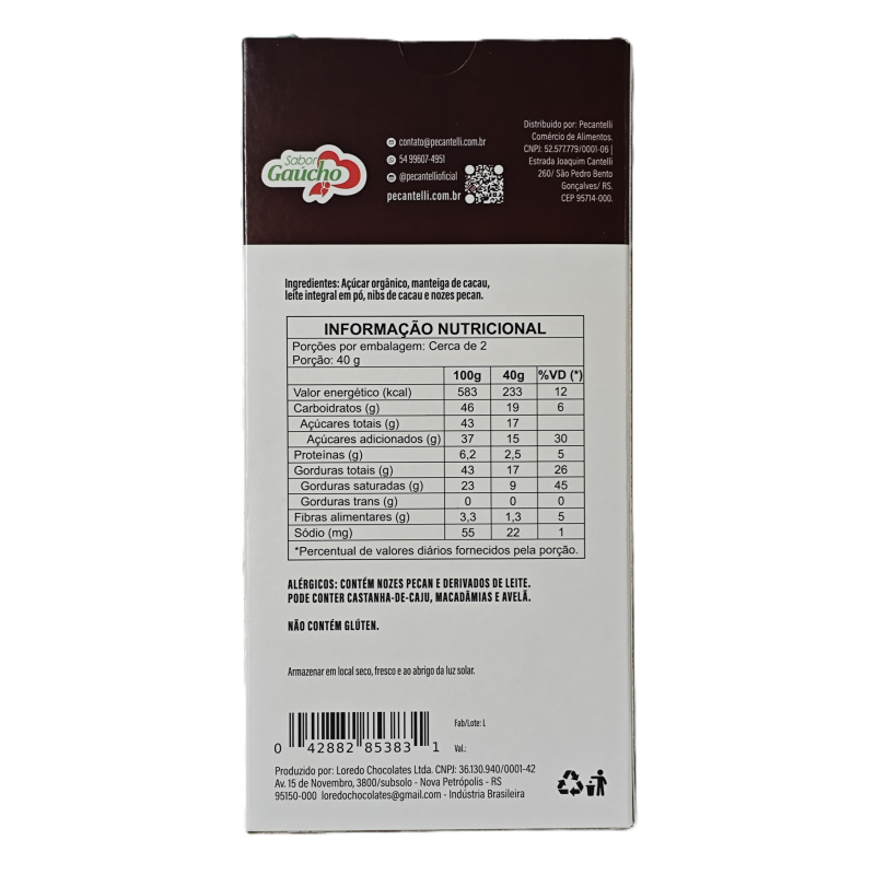 TABLETE DE CHOCOLATE BEAN-TO-BAR AO LEITE 42% CACAU NOZES INTEIRAS 90g